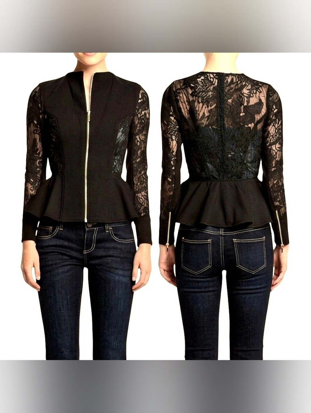 XOXO blk floral lace sexy goth chic sheer zip up mesh perplum jacket M NWOT